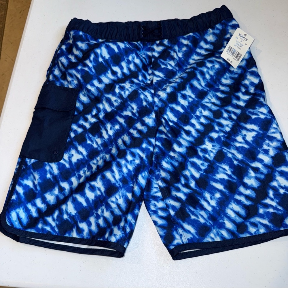 Lands End Boys Tie Dye Swim Trunks Blue White XL 14-16‎ Cargo Pocket NWT